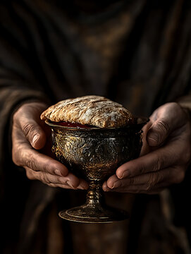 The Hands of Jesus and Communion. The hands of Jesus offering wine and bread for Communion.