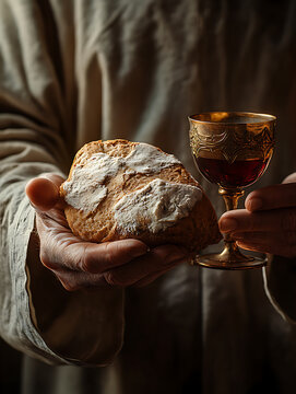 Hands of Jesus and Communion. The hands of Jesus offering the Communion wine and bread
