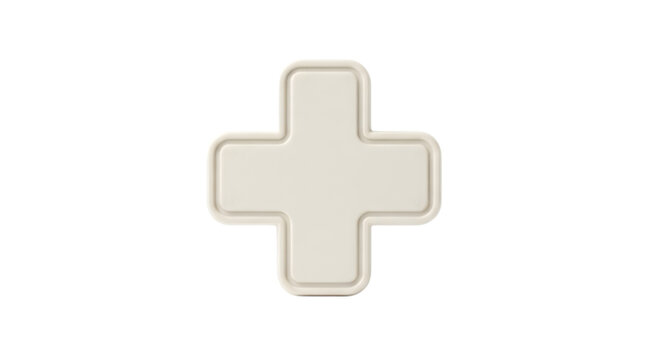 A softly rounded plus symbol icon in a pale beige hue stands out against a pristine white backdrop symbolizing medical care and positive growth