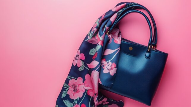Stylish blue handbag and floral scarf flat lay on a vibrant pink background