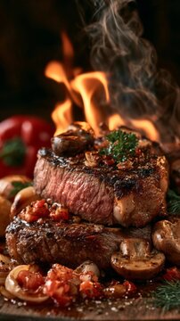 A juicy roasted steak with mushrooms and vegetables sizzles over flames, garnished with herbs and spices, creating an appetizing and cinematic food presentation.
