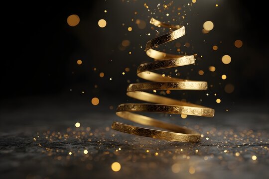 Gold spiral ribbon floating as a Christmas tree on dark bokeh background