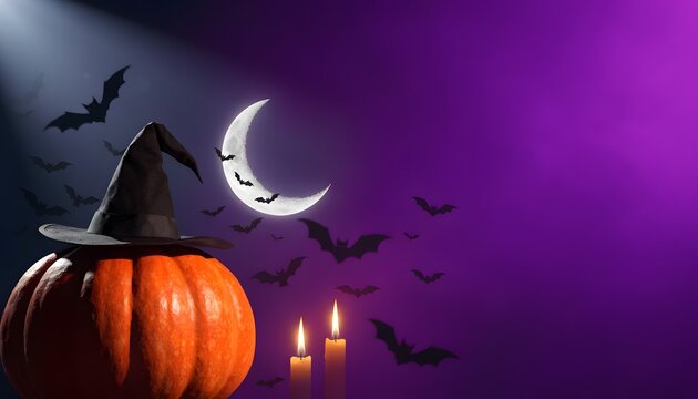 Halloween Banner with Pumpkin Wearing Witch Hat, Crescent Moon, and Bats