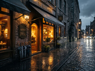 Fototapeta premium A cozy storefront illuminated by warm golden lights glows on a rainy stone street at dusk.