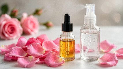 Fototapeta premium A clear glass spray bottle releasing fine mist stands next to an amber serum dropper bottle surrounded by fresh pink rose petals on marble.