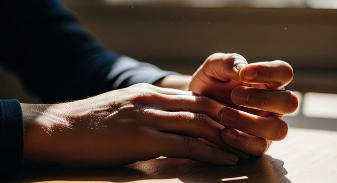 Close up of two hands clasped together on table.