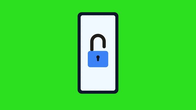 Smartphone security lock and unlock animation with a blue padlock on a flat vector mobile screen over a green chroma key background for data privacy.