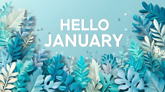 HELLO JANUARY text surrounded by blue paper cut tropical foliage