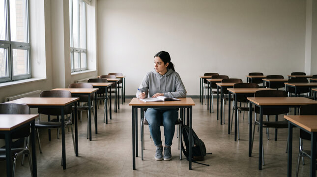 Young Female Student Sitting Alone at Desk in Empty Classroom During Exam