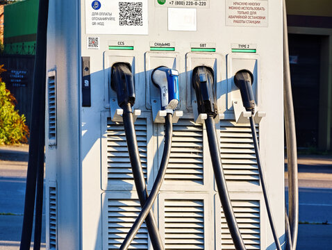 Multi-port fast-charging station for electric vehicles with four main types of connectors: Abakan, Russia - August 10, 2026