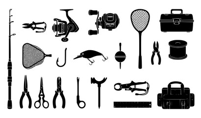 Fishing Tools Rod Reel Net Tackle Box Hook Lure Pliers and Angling Equipment Vector Set © Md