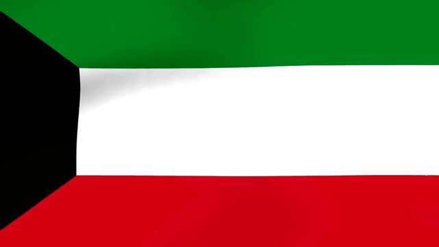 Waving flag of Kuwait featuring green white and red stripes with a black trapezoid