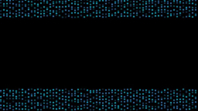 Abstract background with blue and teal digital square pixels arranged in horizontal borders with a large black empty copy space in the center for text and graphic design elements