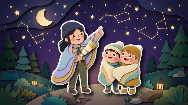 Scout leader showing stars and constellations through telescope to cute kids at night camping outdoor