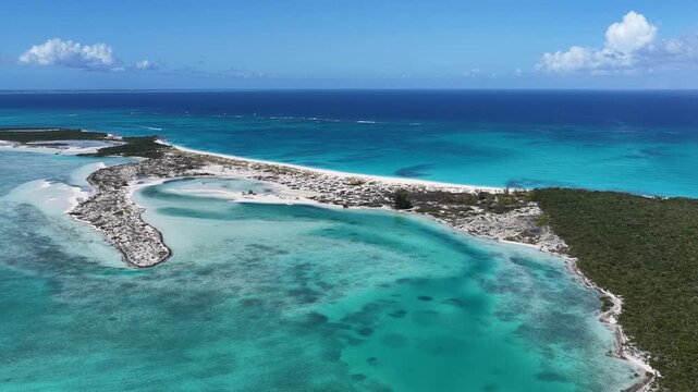 Half Moon Bay In Providenciales Turks And Caicos United Kingdom. Bird Eye View Of A Amazing Coastal Beach In The Summer Holiday. Landmark Coast. Tropical Skyline. Providenciales Turks and Caicos.