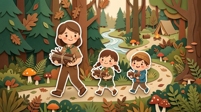 Paper cut craft style scout leader and children carrying firewood on camping trail in autumn forest