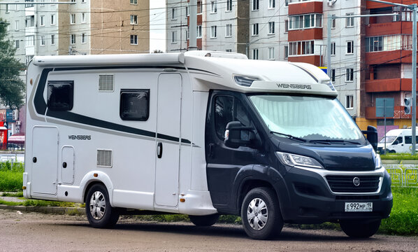 Modern semi-integrated Weinsberg CaraSuite motorhome or a similar model from the Weinsberg range based on the Fiat Ducato chassis: Abakan, Russia - August 10, 2026