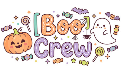 Naklejka premium Happy Halloween Card with Colorful Pumpkin, Cartoon Floral Decorations, Festive Holiday Text, Celebration Symbols and Fun Vector Illustration Background