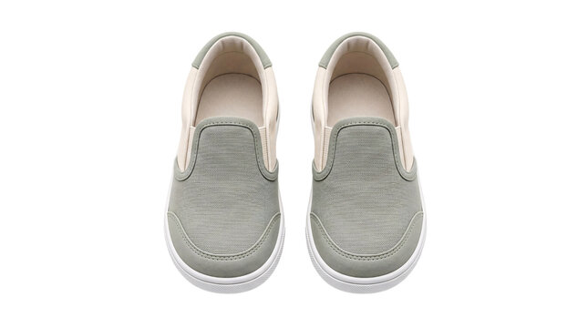 Grey canvas slip-on baby shoes, front view of pair isolated on png transparent background