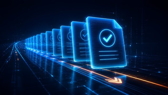Glowing digital documents with checkmarks moving on a fast data highway representing secure electronic verification and high speed batch processing.
