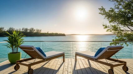Fototapeta premium Luxury infinity pool with lounge chairs overlooking the ocean.