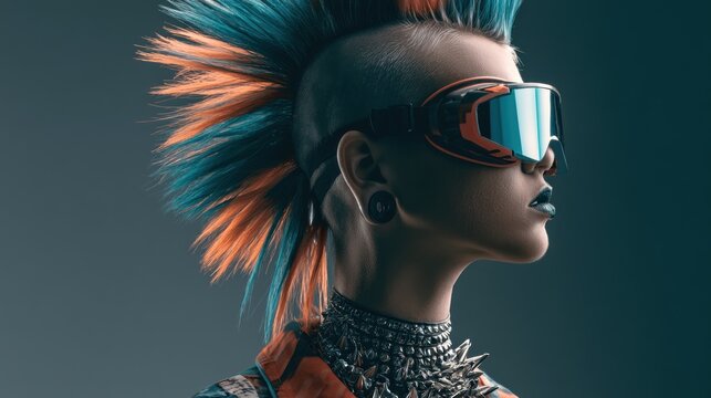 Person with colorful mohawk wearing goggles and spiked necklace