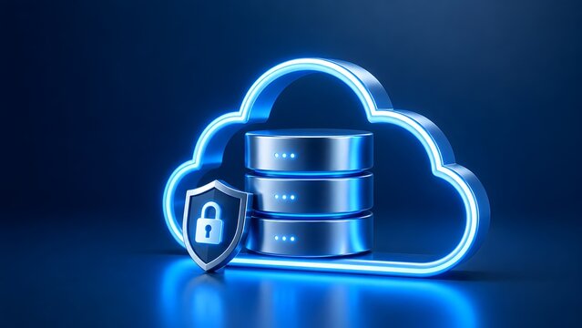 3D glowing blue neon cloud icon with metallic server database and padlock shield representing secure cloud storage and data protection network.
