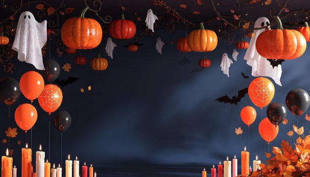 Festive Halloween Party Background with Hanging Pumpkins, Ghosts, Balloons, and Candles