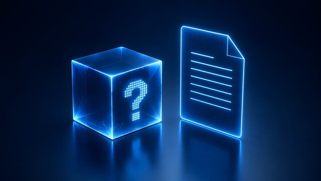Glowing digital document next to a blue transparent cube containing a question mark representing data query information search and unresolved tech issues.