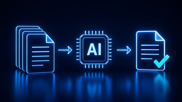 Artificial intelligence microchip processing a stack of documents into a single verified digital file representing automated data compliance.
