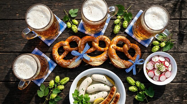 Traditional Oktoberfest Food and Beer Top View on Rustic Dark Wooden Table with Mugs of Lager, Soft Pretzels with Checkered Ribbons, White Sausages, Radish Salad, and Fresh Hops for Beer Garden Theme