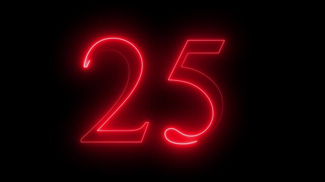 glowing red color neon 25 text, Educational concept  promote advertising concept isolate using QuickTime black background 4k motion video animation.