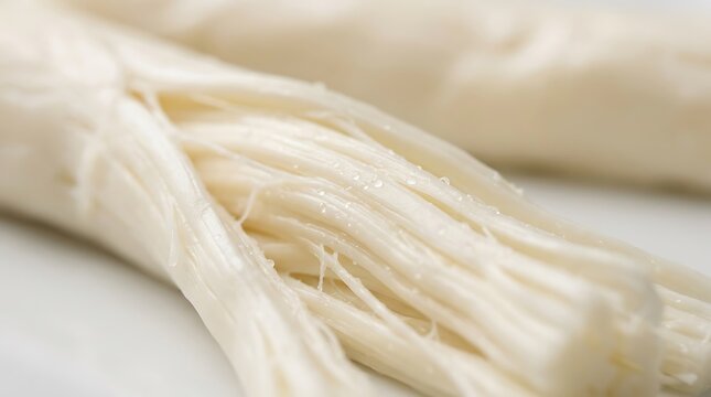 Fresh dil peyniri cheese strands pulled apart close up shot showing texture and dairy product