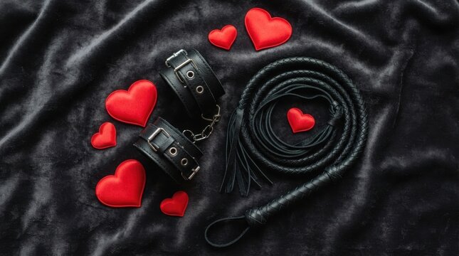 Black leather handcuffs and belt with red hearts on dark satin fabric illustration