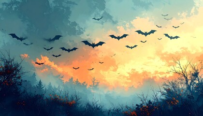 Fototapeta premium Digital painting of bats flying across dramatic sunset sky over dark forest silhouette for spooky Halloween background