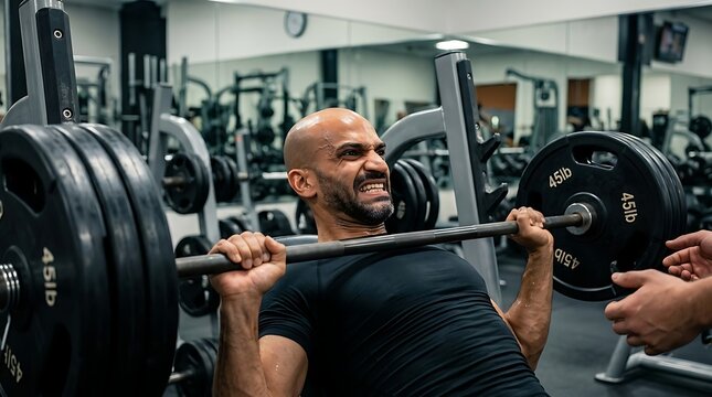Bald man with intense expression performs a bench press exercise with a heavily weighted barbell in a gym, assisted by another person's hands.