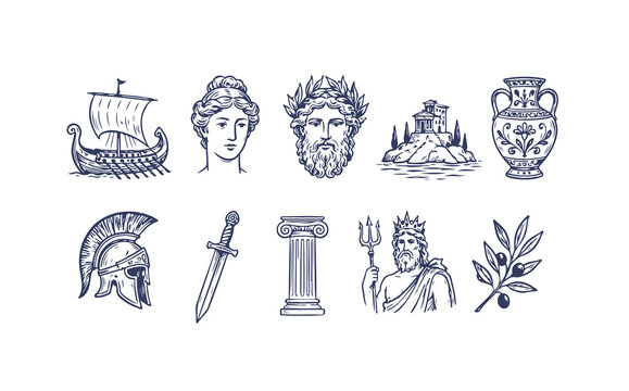 Classical mythological illustration depicting adventure, exploration, heroic voyage, ancient Greece, and the legendary Odyssey. Mediterranean Sea Greek mythology, graphic illustration