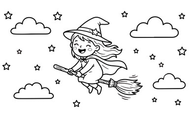Happy young witch flying on a broomstick amongst clouds and sparkling stars