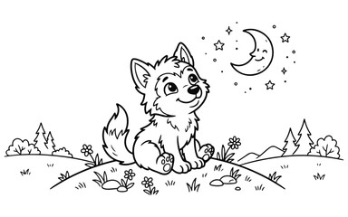 Adorable baby wolf pup sitting in a field under a crescent moon line art
