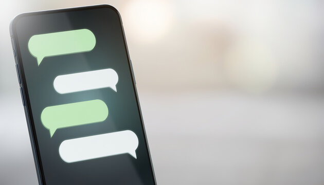 Smartphone displaying green and white chat message bubbles スマートフォンに表示された緑と白のチャットメッセージ吹き出し
