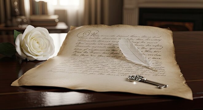 Vintage parchment with quill pen and white rose