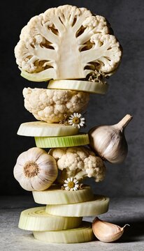 Artistic sculptural vertical tower of halved white cauliflower, sliced fennel and whole garlic bulbs stacked with dried chamomile flowers, dramatic dark background food photography, vertical