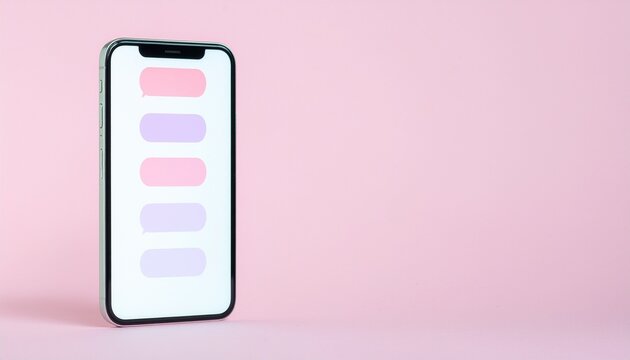 Smartphone mockup with pink and purple chat message bubbles ピンクと紫のチャットメッセージ吹き出しが並ぶスマートフォンモックアップ