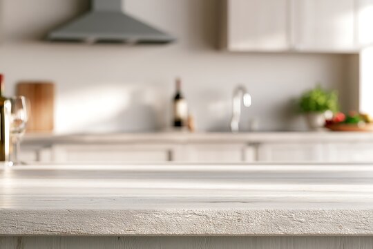 Rustic white wooden tabletop with a blurred kitchen interior, ideal for product placement and culinary mockups