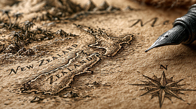 New zealand map illustration with fountain pen detailed engraving style