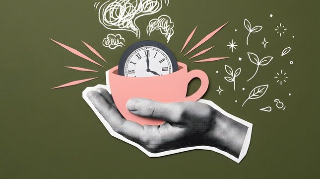 Hand holding coffee cup with clock inside showing tea time break relaxation and time management