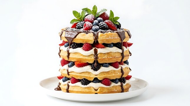Stack of Belgian waffles with whipped cream, fresh berries, and chocolate sauce topping