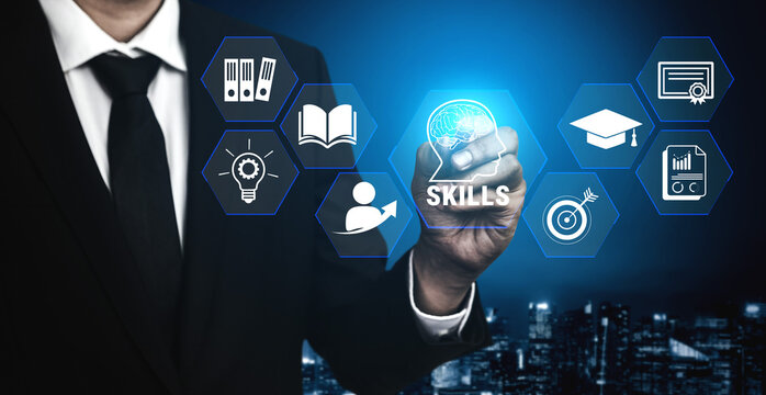 Business Professional Showcasing Skills Development Concepts with Digital Icons in a Modern Office Environment. Glyphic.