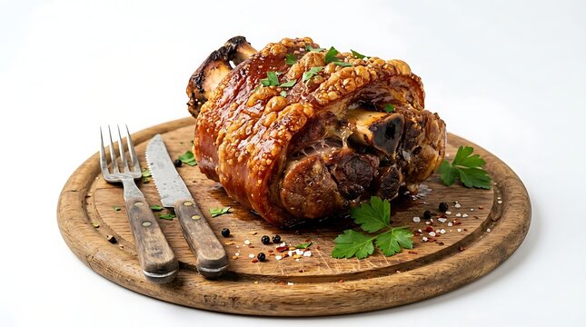Traditional Roasted Pork Knuckle Schweinshaxe with Crispy Crackling Skin on Wooden Board with Cutlery, Isolated on White Background for Restaurant Menu and Culinary Design