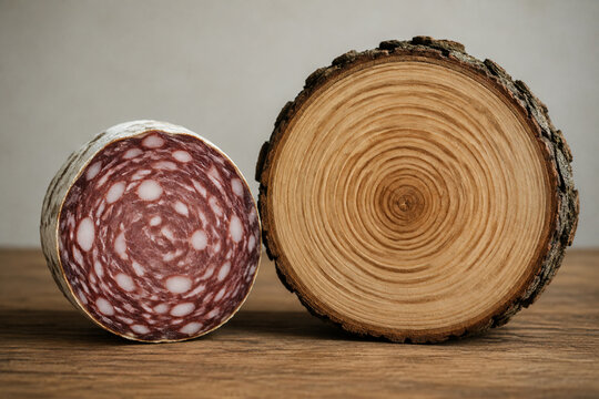 Cross-section of dried saucisson beside tree log, concentric patterns echoing each other.